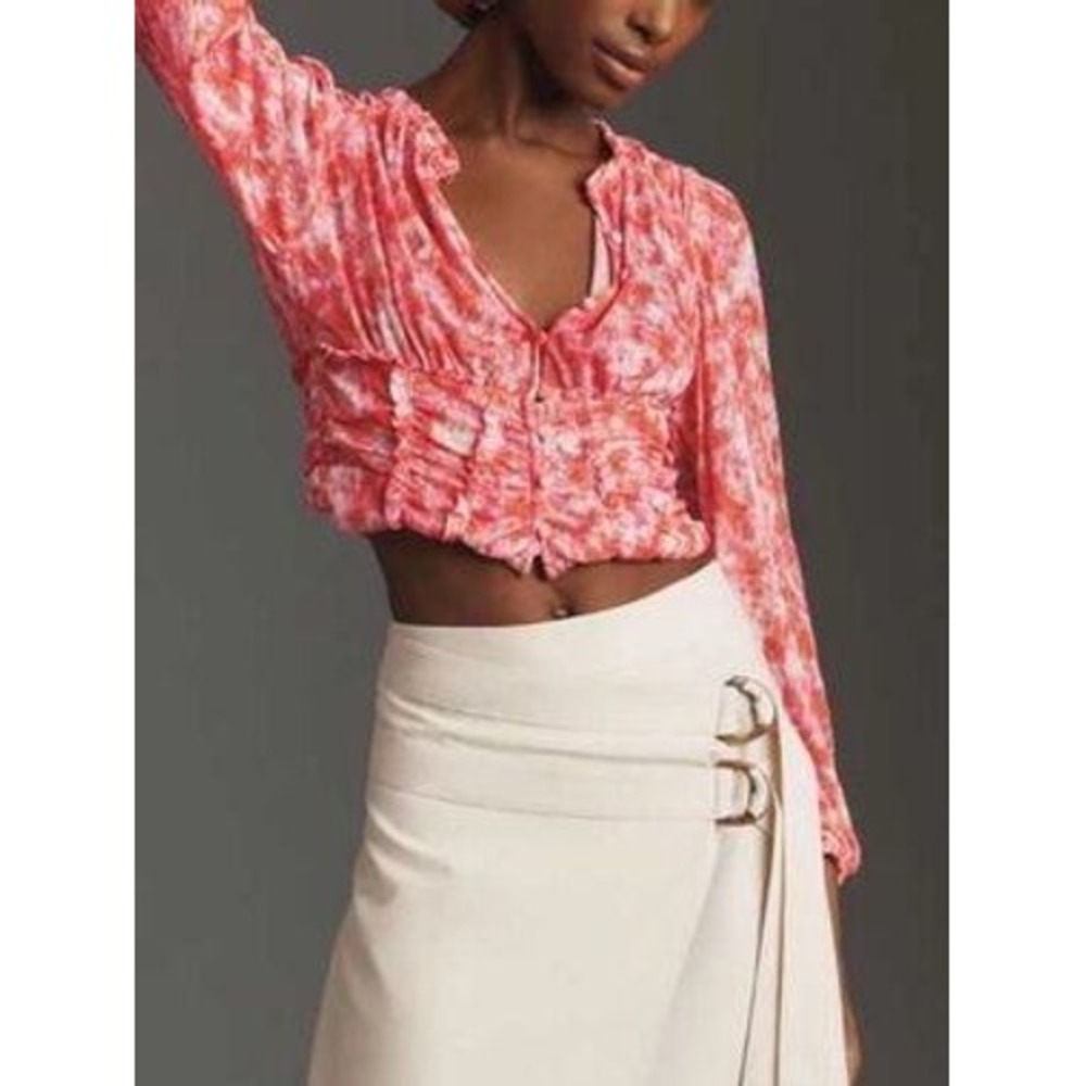 Anthropologie Boho Artsy Pink‎ Abstract Watercolor Smocked Cropped Blouse Large